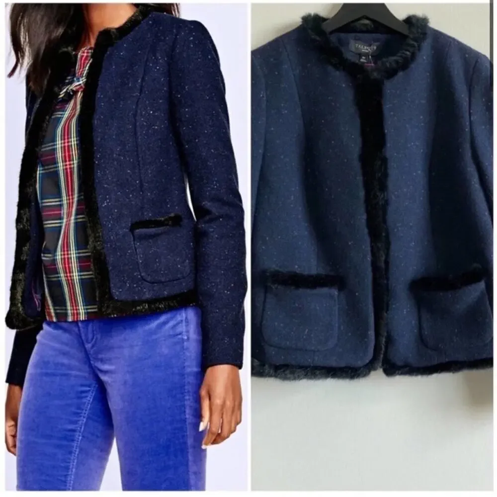 NWT Talbots Navy Tweed Faux Fur Trim Jacket - Picture 2 of 9